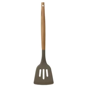 Home Basics Karina Grey High-Heat Resistance Non-Stick Safe Silicone Slotted Spatula with Easy Grip Beech Wood Handle