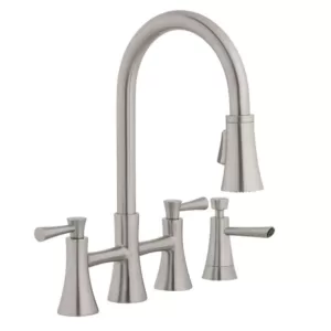 Glacier Bay Selma 2-Handle Pull-Down Sprayer Bridge Kitchen Faucet with Soap Dispenser in Stainless Steel