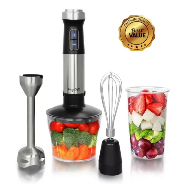 MegaChef 4-in-1 Multi-Purpose 2-Speed Stainless Steel Immersion Blender with Chopper and Whisk Attachment
