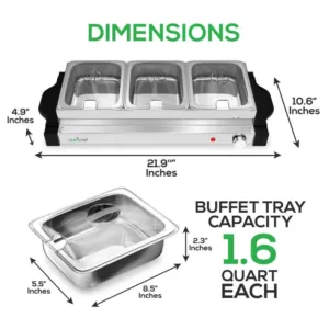 NutriChef 21.9 in. Stainless Steel Electric Food Warming Tray Buffet Server Hot Plate Food Warmer (3-Plate Tray Style)