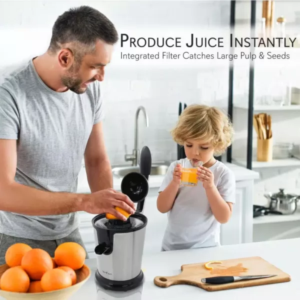 NutriChef Electric Juice Press - Orange Juicer Citrus Squeezer with Manual Juice Presser Handle (Stainless Steel)