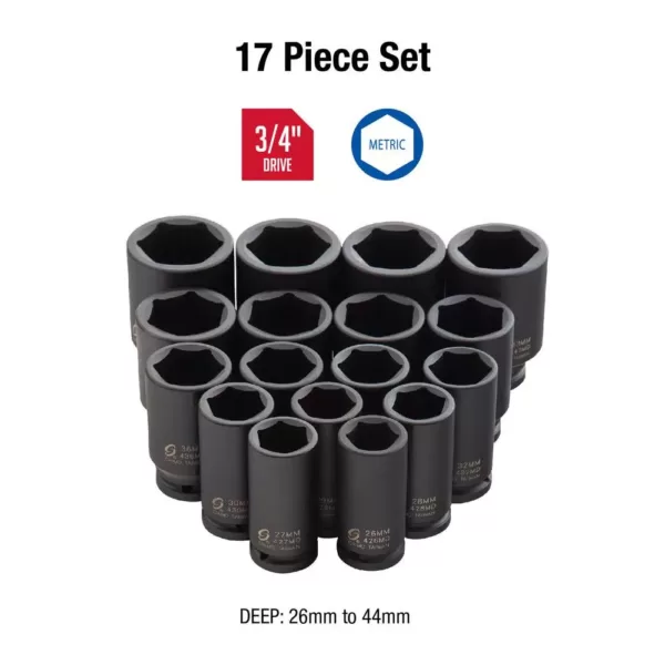 SUNEX TOOLS 3/4 in. Drive Deep Metric Impact Socket Set (17-Piece)