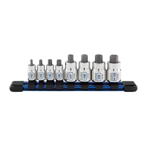 SUNEX TOOLS 1/4 in. and 3/8 in. Drive Metric Chrome Stubby Hex Bit Socket Set with Rail (8-Piece)
