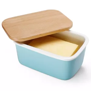 Sweese Large Butter Dish with Beech Wooden Lid - Turquoise, Set of 1