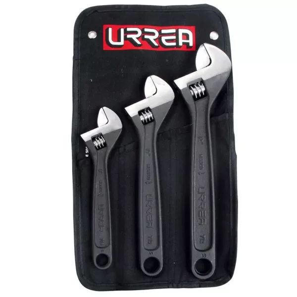 URREA 8 in. - 10 in., 12 in. Adjustable Black Finish Chrome Wrench Set (3-Piece)
