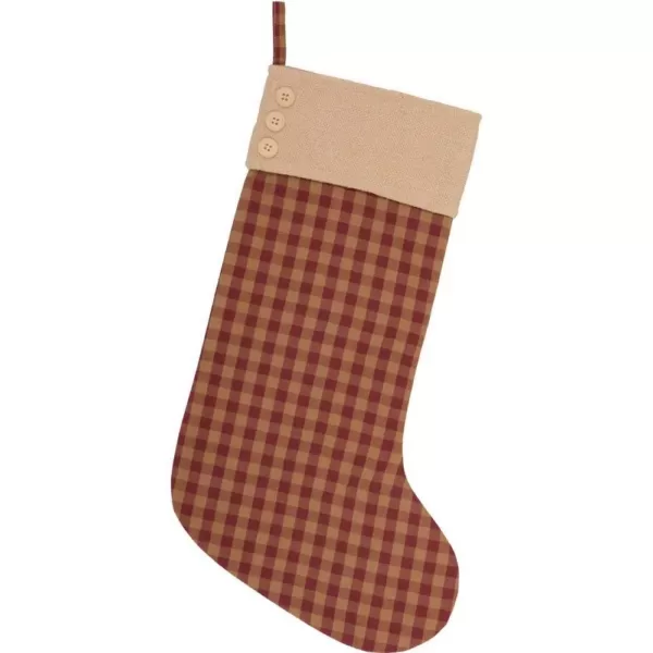 VHC Brands 20 in. Cotton/Jute Burgundy Check Red Primitive Christmas Decor Button Stocking