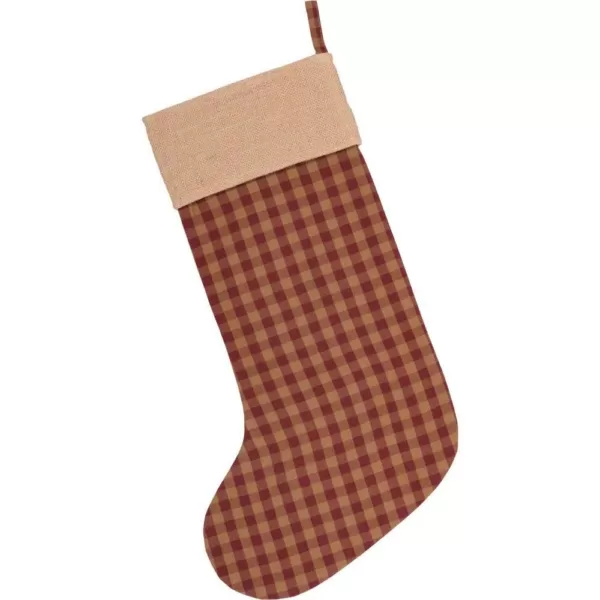 VHC Brands 20 in. Cotton/Jute Burgundy Check Red Primitive Christmas Decor Button Stocking