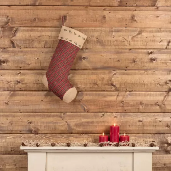 VHC Brands 20 in. Cotton/Jute Jute Burlap Poinsettia Brick Red Rustic Christmas Decor Stocking
