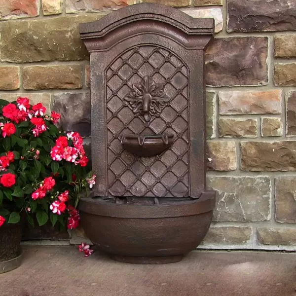 Sunnydaze Decor Rosette Resin Weathered Iron Solar with Battery Backup Outdoor Wall Fountain