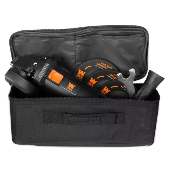 WEN 7.5 Amp Corded 4-1/2 in. Angle Grinder with Reversible Handle, 3 Grinding Discs and Carrying Case