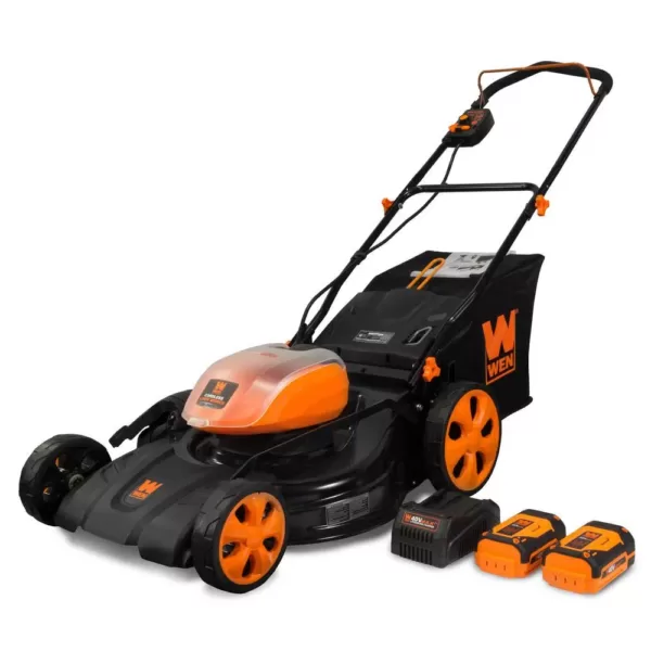 WEN 21 in. 40-Volt Max Lithium-Ion Cordless 3-in-1 Walk Behind Push Lawn Mower - 16 Gal. Bag, Two Batteries/Charger Included