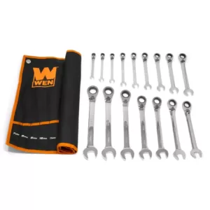 WEN Professional-Grade Reversible Ratcheting Metric Combination Wrench Set with Storage Pouch (16-Piece)
