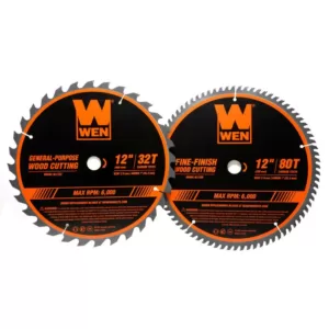 WEN 12 in. 32-Tooth and 80-Tooth Carbide-Tipped Professional Woodworking Saw Blade Set (2-Pack)