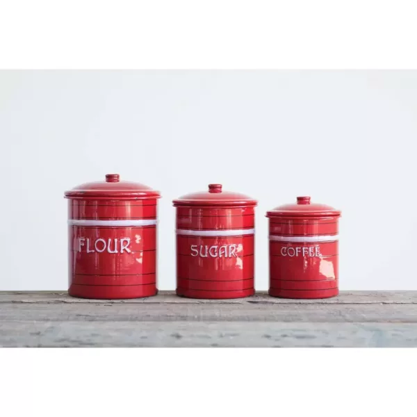 3R Studios Flour, Sugar and Coffee Red Tin Containers with Lids (Set of 3 Sizes)