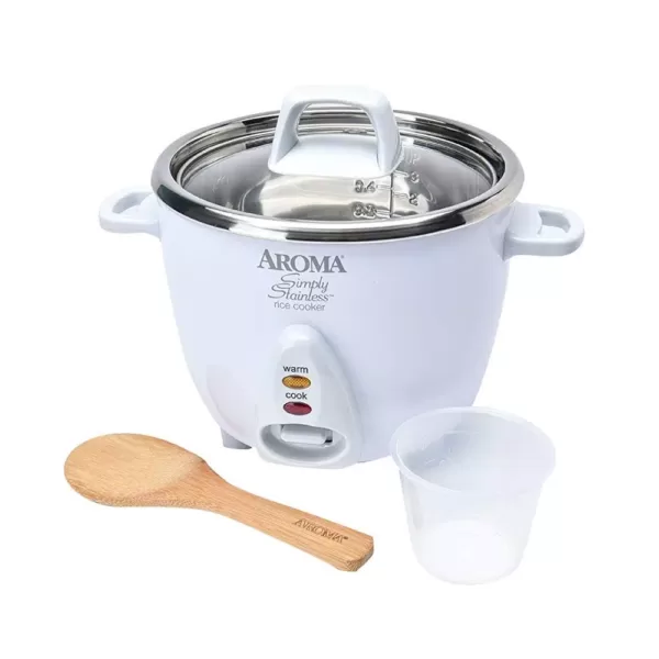 AROMA Simply 6-Cup Stainless Steel White Rice Cooker with Measuring Cup and Serving Spatula