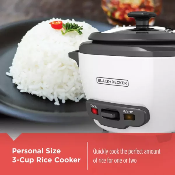 BLACK+DECKER 3-Cup White Rice Cooker with Steaming Basket and Non-Stick Pot