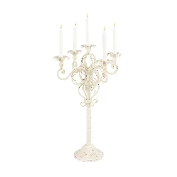 LITTON LANE Tall Vintage White Metal Candelabra with Scrolled Arms