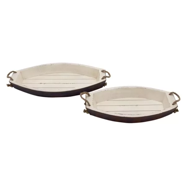 LITTON LANE Distressed White Wooden Boat-Shaped Decorative Trays (Set of 2)