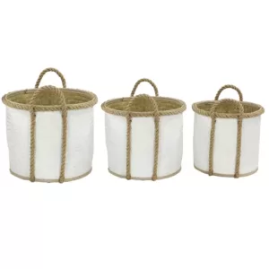 LITTON LANE Round Palm Leaf and Rope Storage Wicker Baskets with Handles (Set of 3)