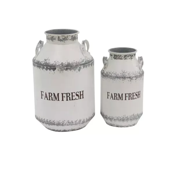LITTON LANE White Iron Milk Cans with Handles (Set of 2)