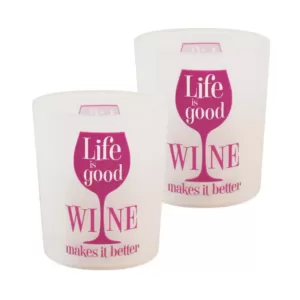 LUMABASE Battery Operated Wax Filled Glass LED Candles - Life is Good, Wine Makes it Better (Set of 2)