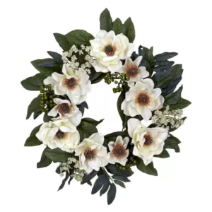 Nearly Natural 22.0 in. H White Magnolia Wreath