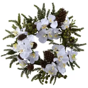 Nearly Natural 22 in. Phalaenopsis and Pine Wreath