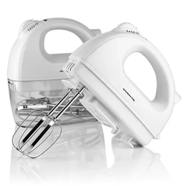 Ovente 5-Speed 150-Watt White Hand Mixer Stainless Steel Chrome Beaters and Free Snap-On Case