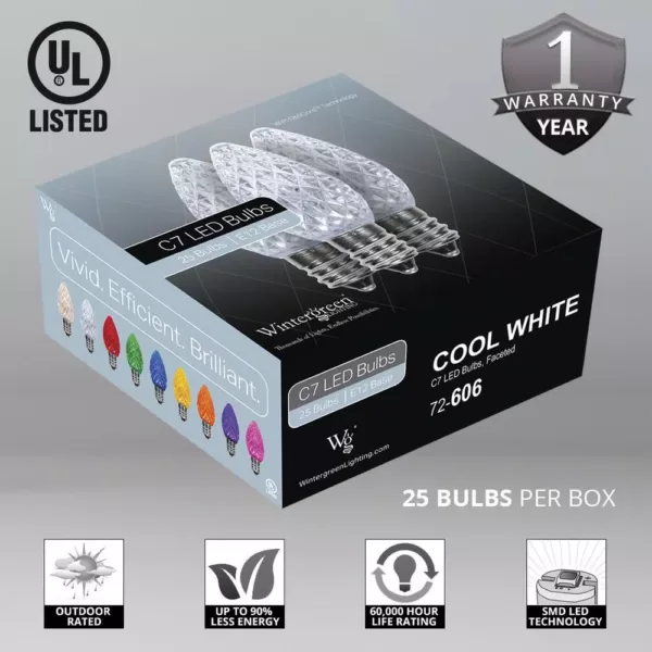 Wintergreen Lighting OptiCore C7 LED Cool White Faceted Christmas Light Bulbs (25-Pack)