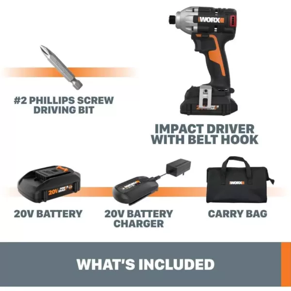 Worx POWER SHARE 20-Volt Cordless and Brushless Multi-Speed 1/4 in. Hex Impact Driver with Quick Change Chuck