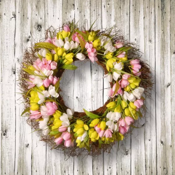 National Tree Company 22 in. Yellow, Pink and White Tulip Wreath