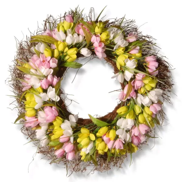 National Tree Company 22 in. Yellow, Pink and White Tulip Wreath